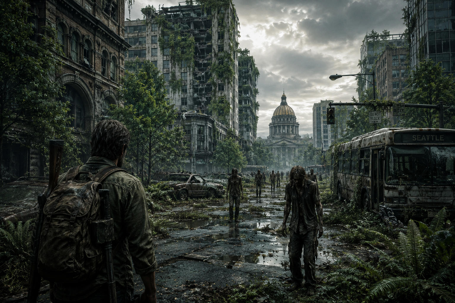 Concept art: an overgrown, abandoned city reclaimed by nature