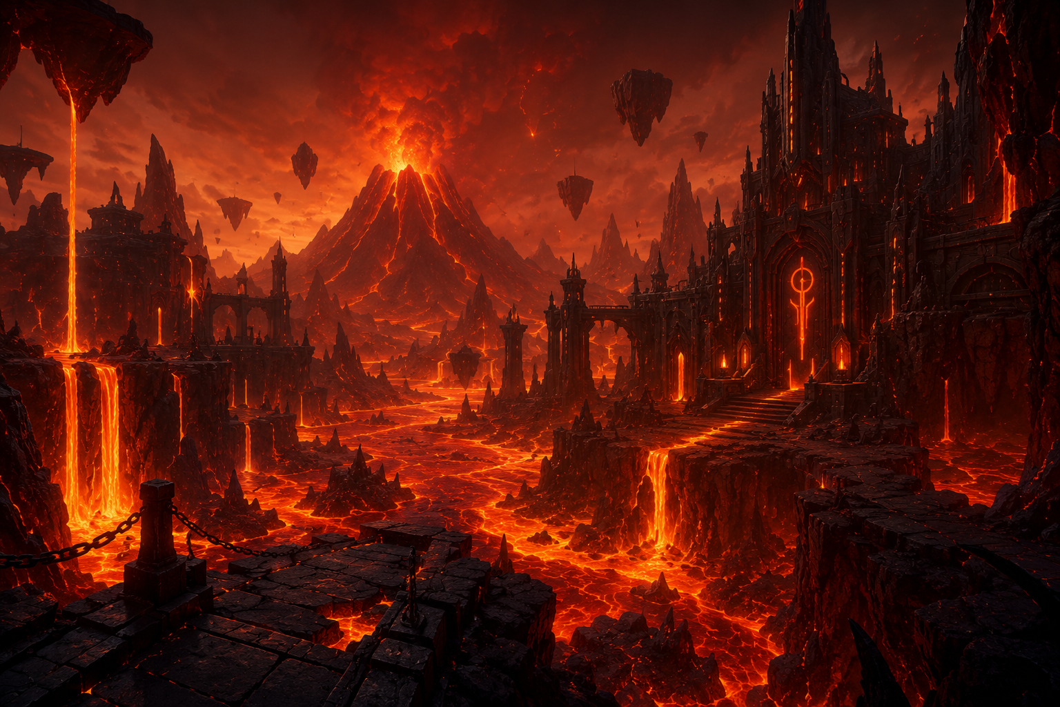Concept art: a volcanic world of molten rivers and dark citadels