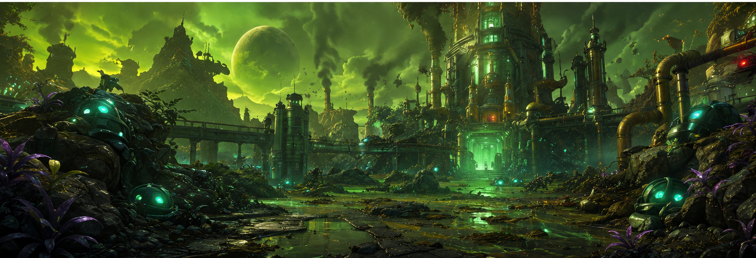 Concept art: a toxic green alien industrial landscape